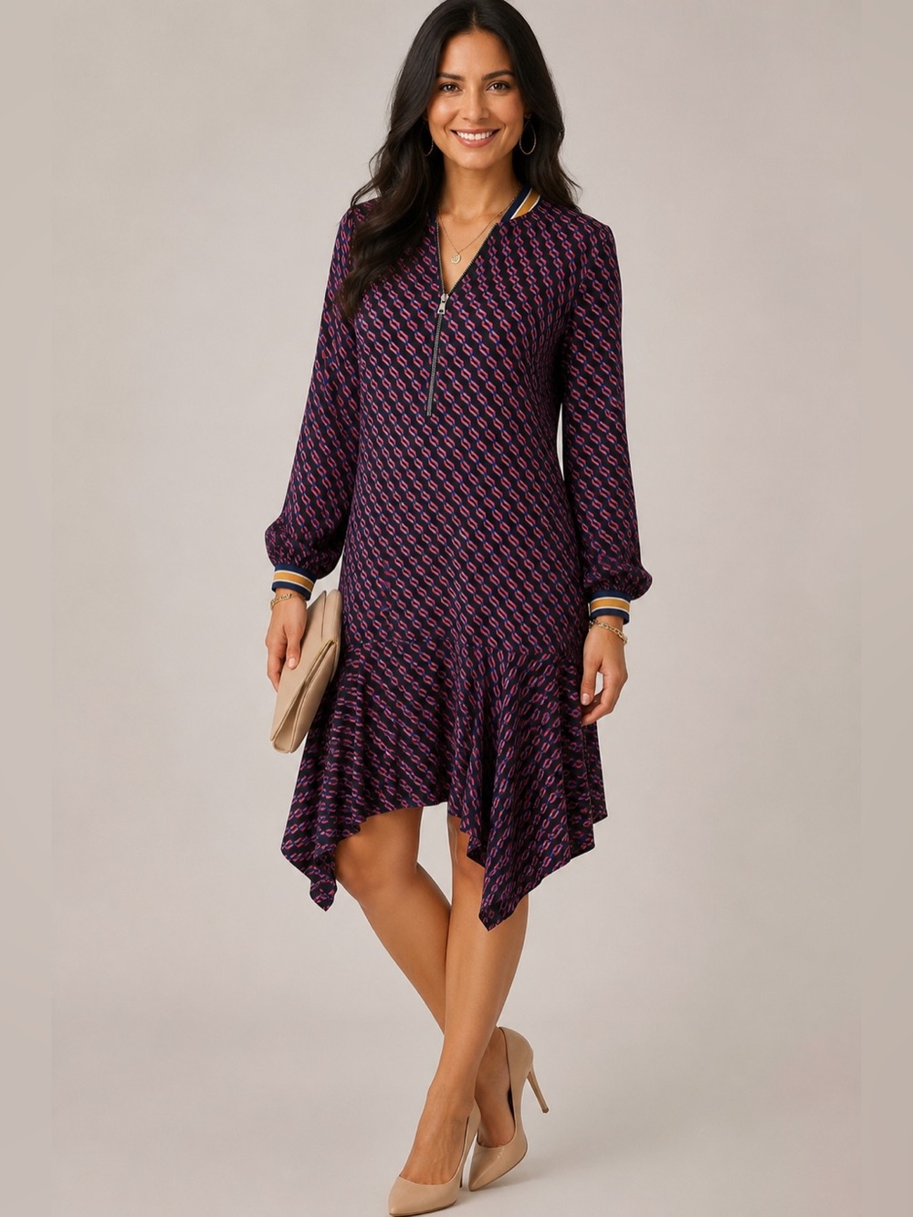 BCBGMAXAZRIA Navy Blue Burgundy Blush Geometric Print Zip Neck Shift Dress Sz L
